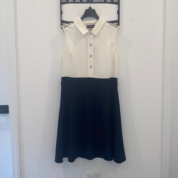 Karl Lagerfeld Dresses & Skirts - Karl Lagerfeld Paris Dress: white top & navy blue skirt with silver buttons